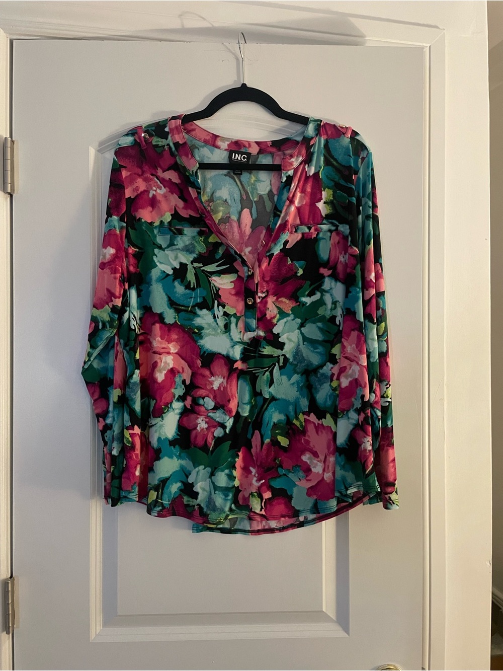 INC International Concepts Floral Henley Blouse - Pink & Teal